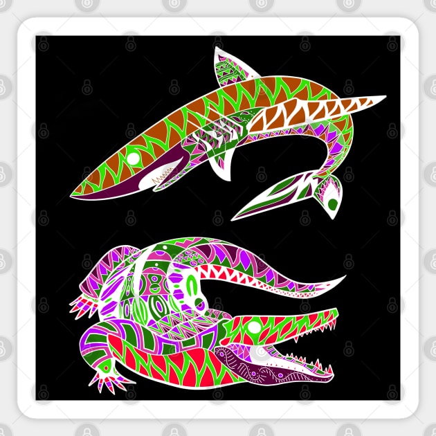 the king shark and the king gator in mandala pattern Sticker by jorge_lebeau